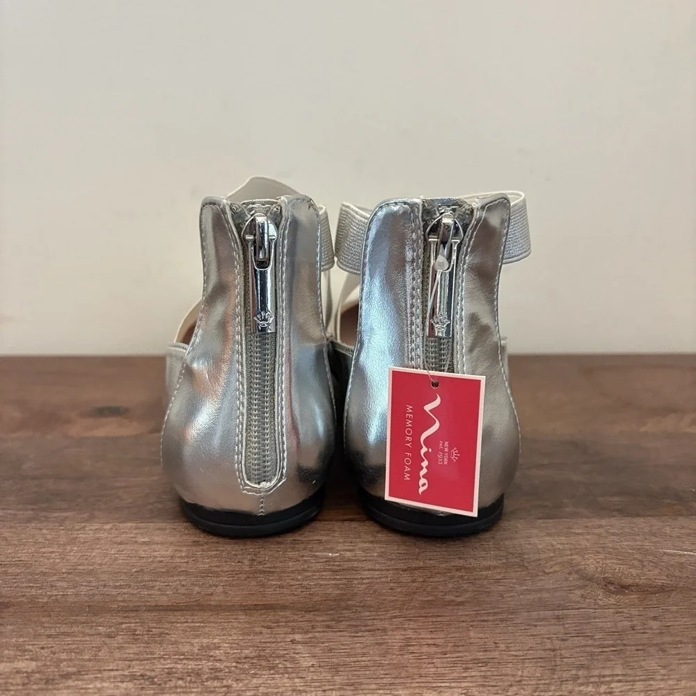 Nina Girls Dress Shoes Ballet Flats Silver Metallic Leather Marissa Size 5 NEW